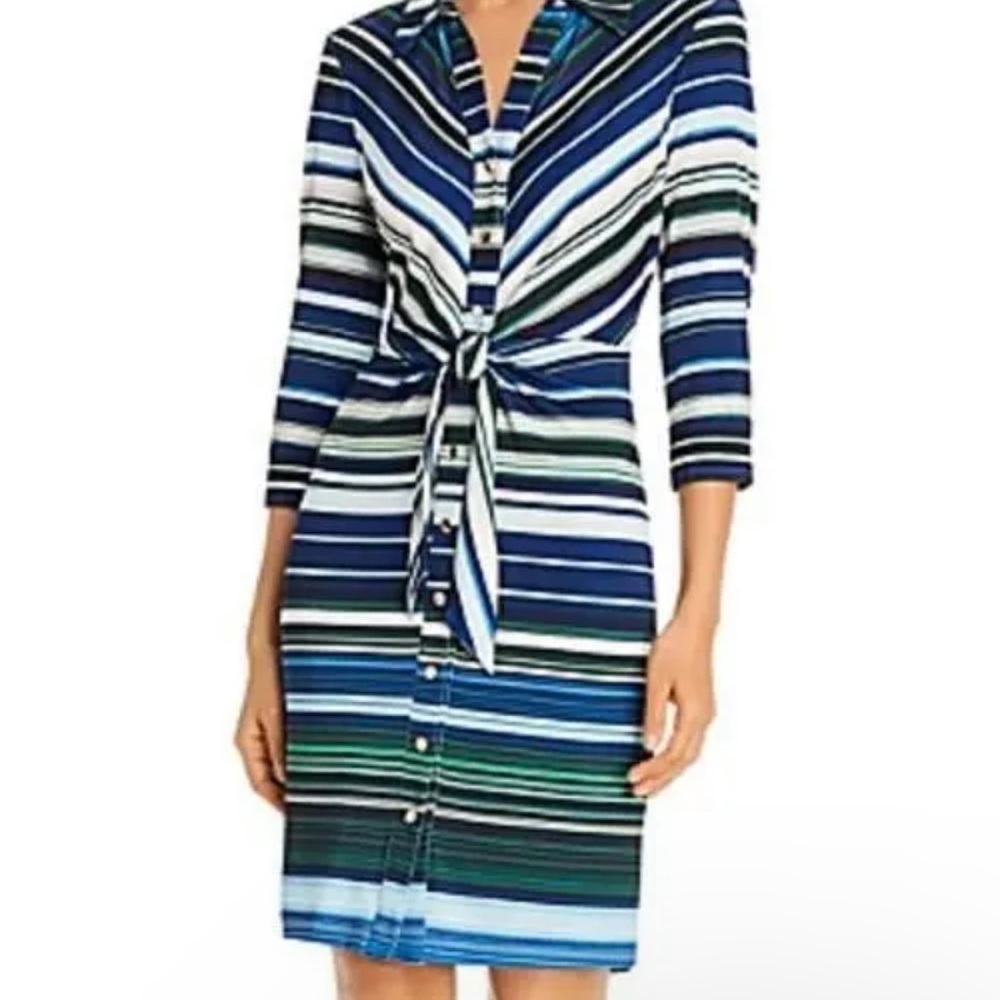 T Tahari Striped Aqua Shirt Dress